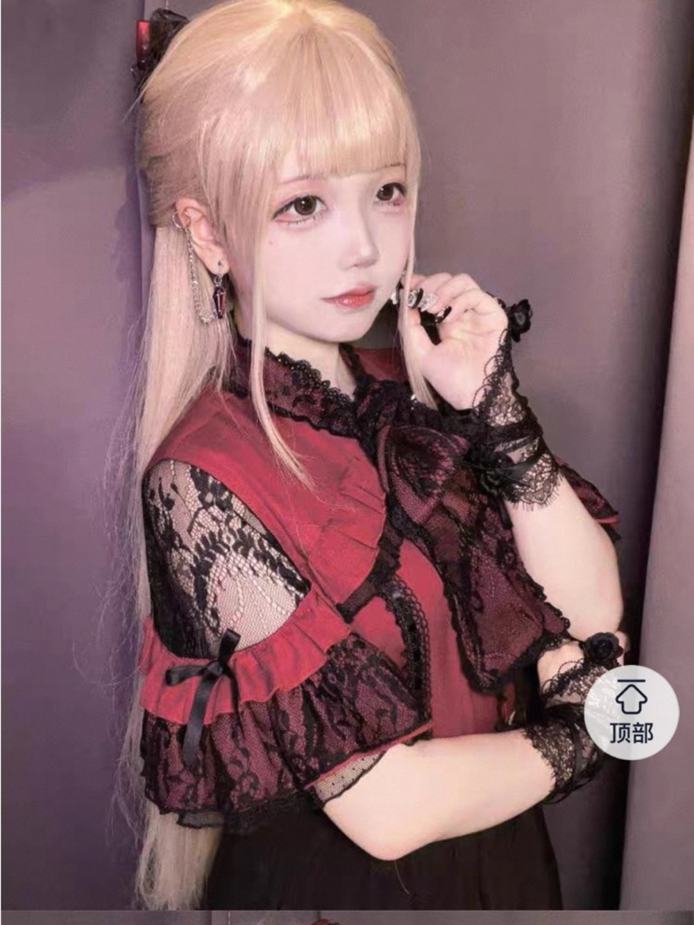Lace-Trimmed Red/Wine Gothic Lolita Short Sleeve Frill Top